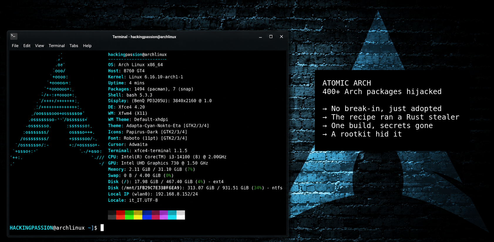 Attackers hijacked over 400 abandoned Arch Linux AUR packages and slipped in a credential stealing malware that runs the moment you build them. /atomic-arch-aur-malware/atomic-arch-aur-malware.png