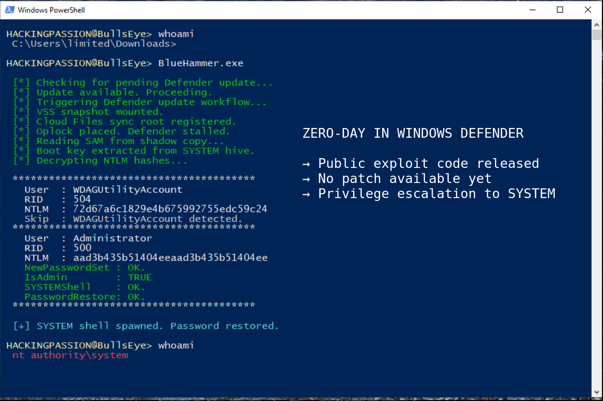 A Windows zero-day called BlueHammer exploits Defender's own update process to give attackers full SYSTEM access. The exploit code is public and unpatched. /bluehammer-windows-defender-zero-day/featured-image-preview.png