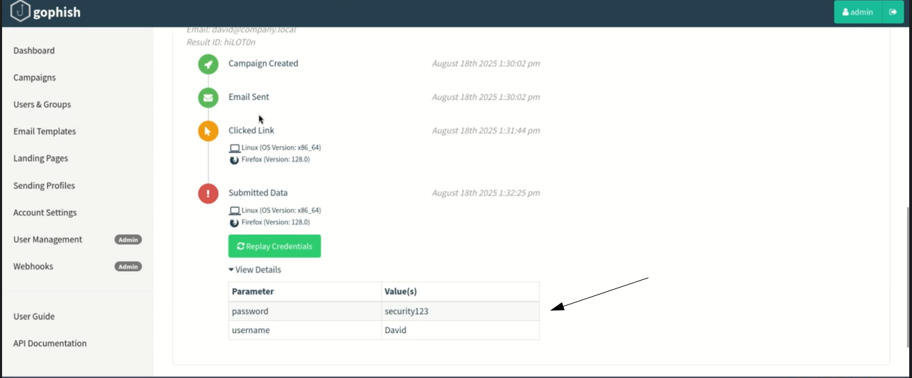 A Gophish phishing campaign showing the target click the link and submit a username and password /does-google-control-your-email/gophish.png