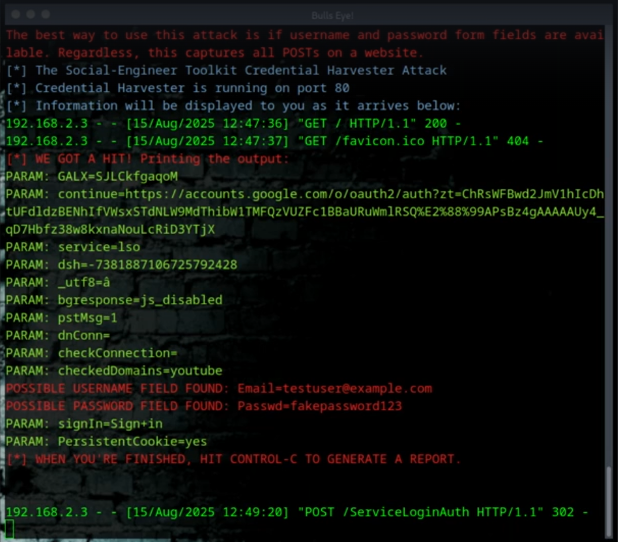The Social-Engineer Toolkit credential harvester capturing a username and password live in the terminal /does-google-control-your-email/set.png