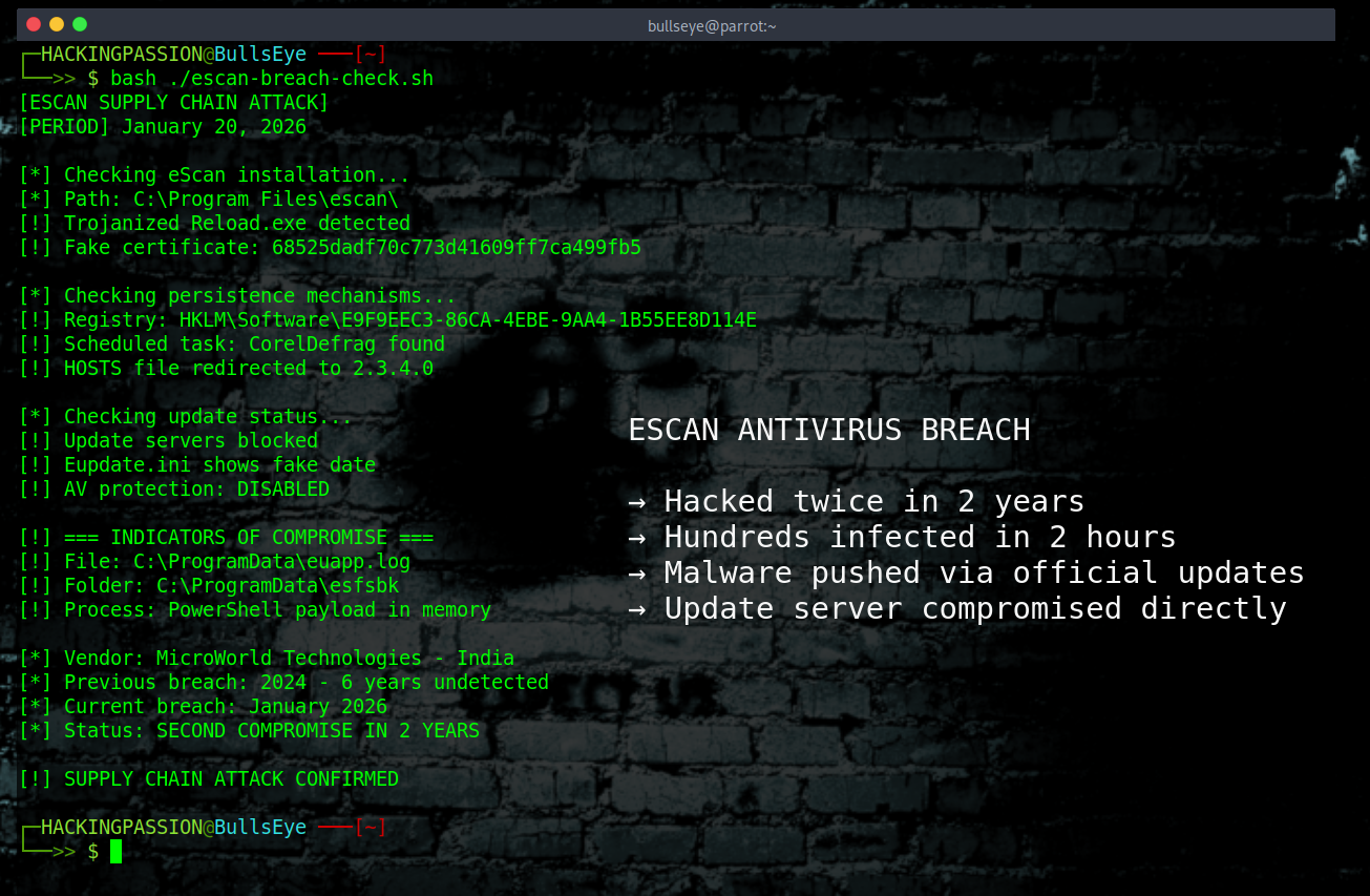 eScan's update servers got hacked twice in two years. Hundreds of machines infected with malware pushed through official channels. Full technical breakdown and remediation steps. /escan-antivirus-breach-2026-technical-analysis/featured-image-preview.png