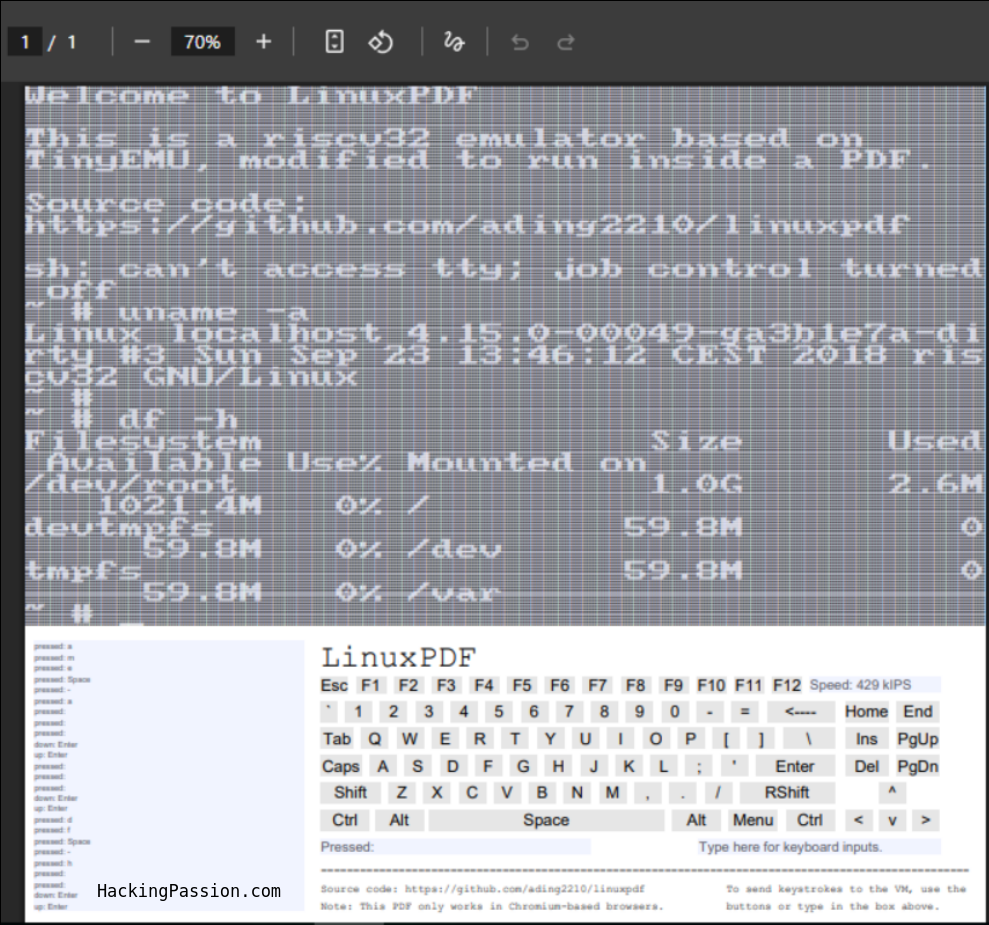 Linux running inside a 6MB PDF file using a RISC-V emulator. No installation needed, just open it in Chrome. /linux-inside-pdf/featured-image.png