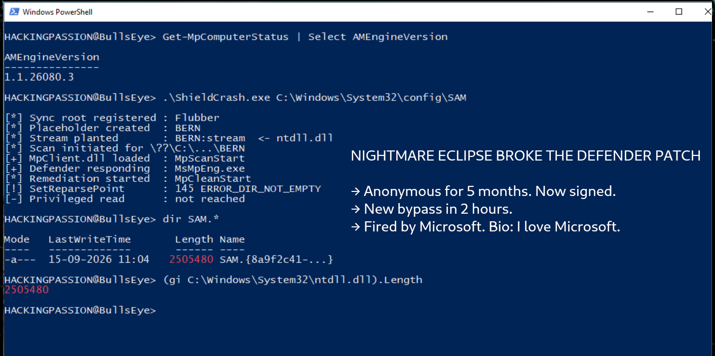 Two hours after Patch Tuesday he broke the Defender patch, and this weekend he put his own name on it. What ShieldCrash does and who he really is. /nightmare-eclipse-shieldcrash-defender-patch-bypass/nightmare-eclipse-shieldcrash-defender-patch-bypass.png