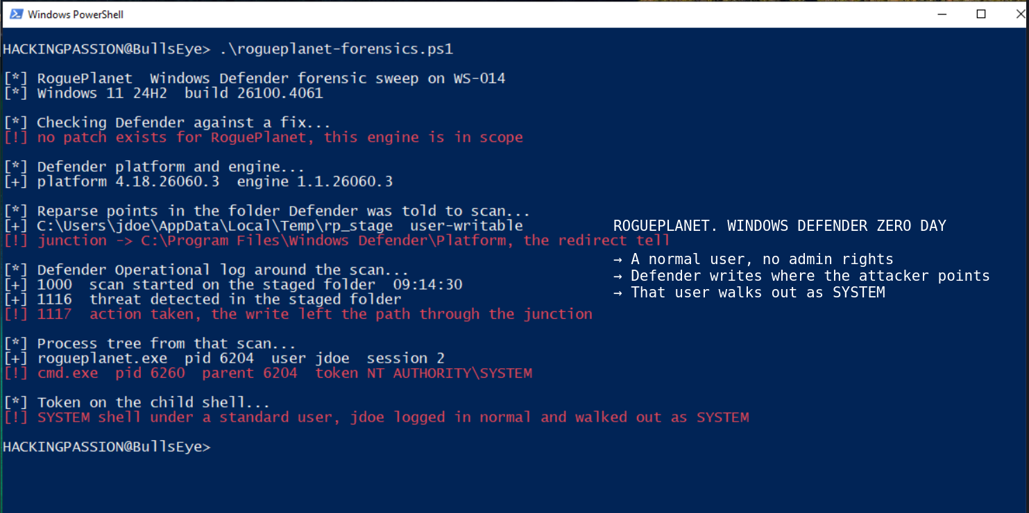 RoguePlanet is a new Windows Defender zero day that gives any user full SYSTEM control of a fully patched Windows machine. Microsoft has no fix yet. /rogueplanet-windows-defender-zero-day/rogueplanet-windows-defender-zero-day.png