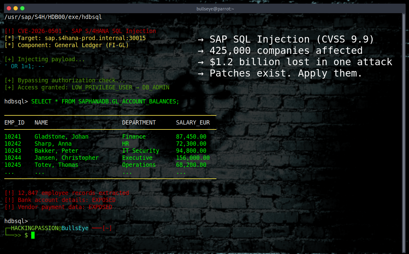SAP just patched four critical vulnerabilities. CVSS scores up to 9.9. One lets attackers run code with nothing but a malicious link. 425,000 companies run SAP. Over 85% of Fortune 500. 🧐 /sap-patch-tuesday-four-critical-vulnerabilities-cve-2026-0501/featured-image-preview.png