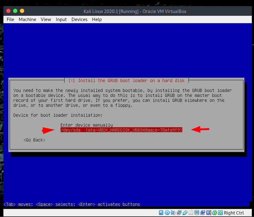 grub installation failed kali linux install on virtualbox