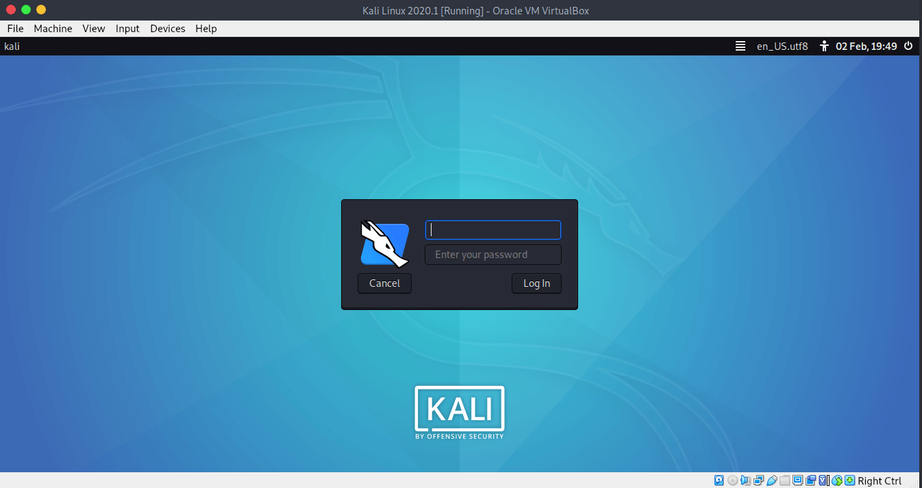 Enter your user name and password Kali Linux