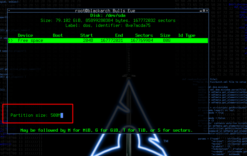 Partition size 500M BlackArch