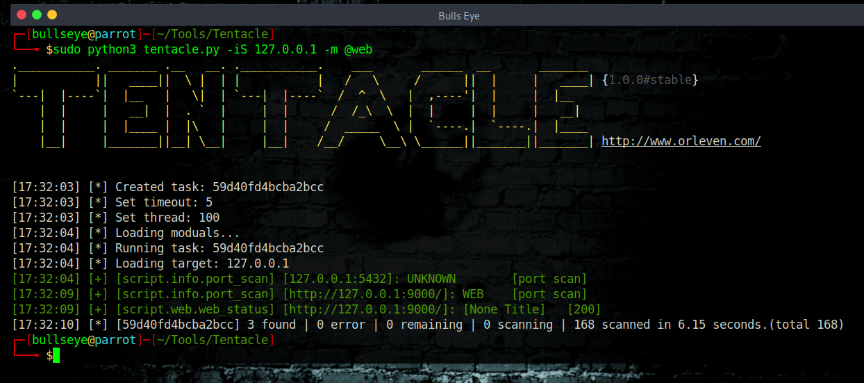 python3 tentacle.py -iS 127.0.0.1 -m @web 